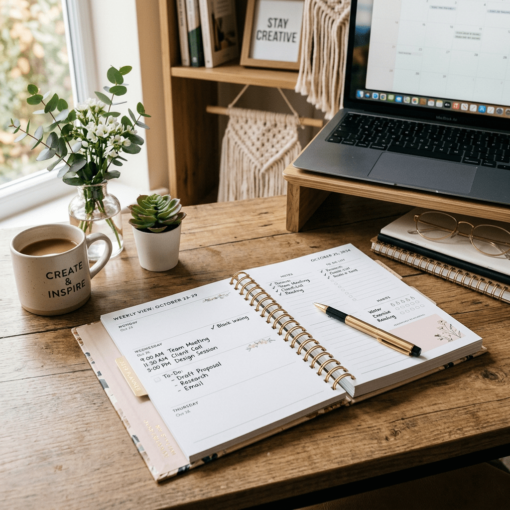 Open weekly planner with schedule and to-do list beside a laptop and coffee mug